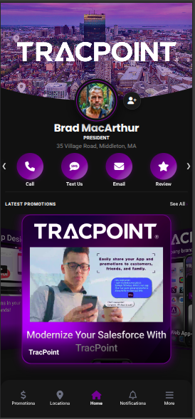 TracPoint branded app home — profile, quick actions and latest promotions